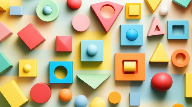 Abstract D geometric shapes in vibrant colors, floating in space with soft shadows, creating a playful and dynamic composition
