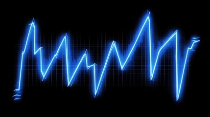 Poster - An abstract financial line graph with sharp peaks and dips, glowing in neon blue on a black background, representing stock market data