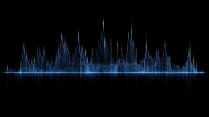 Poster - An abstract financial line graph with sharp peaks and dips, glowing in neon blue on a black background, representing stock market data
