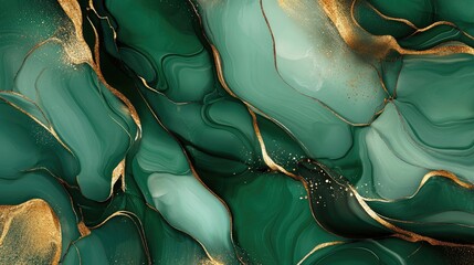 Poster - An intricate pattern of fluid lines and shapes in shades of green and gold, forming an elegant abstract design that adds sophistication and style to any visual project