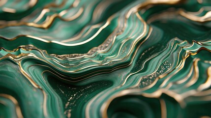 Poster - An intricate pattern of fluid lines and shapes in shades of green and gold, forming an elegant abstract design that adds sophistication and style to any visual project