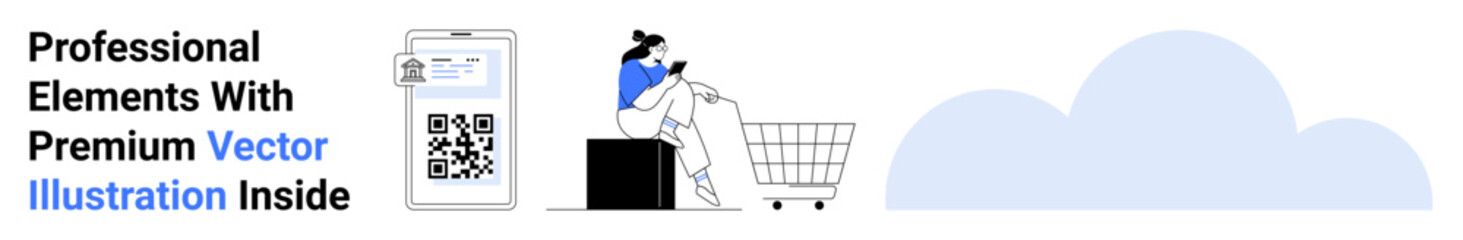 Woman scans QR code with smartphone next to shopping cart, gifts, and abstract cloud element. Ideal for online shopping, retail, e-commerce, digital payments, mobile apps, tech tools flat landing