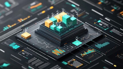 Poster - A D layered area chart in vibrant corporate colors, each layer showing business trends over time with clear depth and structure