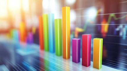 Poster - A D bar graph with tall, colorful bars on a white surface, each casting shadows to create depth, representing financial growth and data analysis