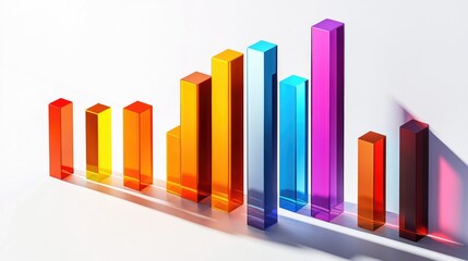 Poster - A D bar graph with tall, colorful bars on a white surface, each casting shadows to create depth, representing financial growth and data analysis
