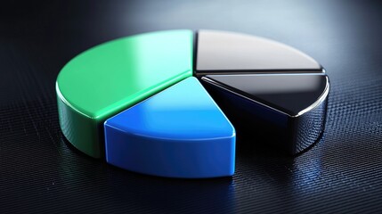 Fototapete - A circular pie chart in rich blues and greens with glossy segments, showcasing financial asset distribution on a sleek black surface