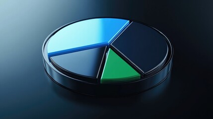 Fototapete - A circular pie chart in rich blues and greens with glossy segments, showcasing financial asset distribution on a sleek black surface