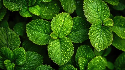 Poster - A close-up of multiple small leaves covered in dew, with intricate patterns highlighted by the light, showcasing the beauty of nature's details