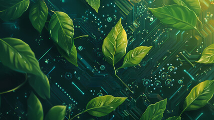Wall Mural - generative ai illustration of digitally created image of ree with foliage growing from a circuit boa