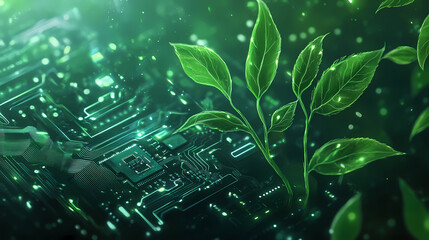 Wall Mural - generative ai illustration of digitally created image of ree with foliage growing from a circuit boa