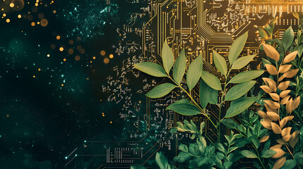 Wall Mural - generative ai illustration of digitally created image of ree with foliage growing from a circuit boa