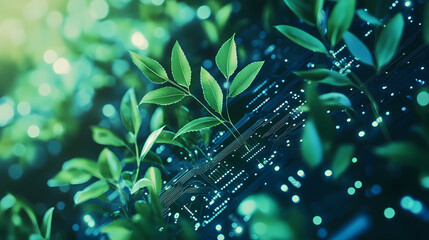 Wall Mural - generative ai illustration of digitally created image of ree with foliage growing from a circuit boa
