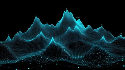 Poster - A futuristic, glowing line graph with sharp peaks and valleys on a black background, with data points illuminated in bright blue