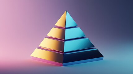 Poster - A futuristic, metallic pyramid chart in gradient shades, symbolizing steps in financial strategy and banking growth hierarchy