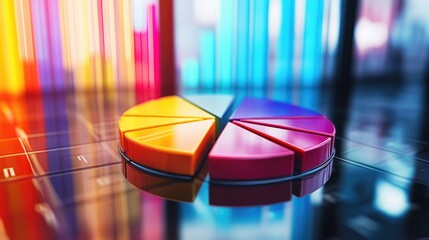 Poster - A glowing pie chart with segments separated slightly, floating over a reflective surface to represent diversified financial investments