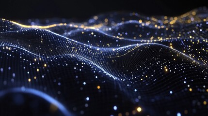 Fototapete - A high-tech financial line graph with glowing points marking fluctuations in bank data on a dark background, showcasing market trends