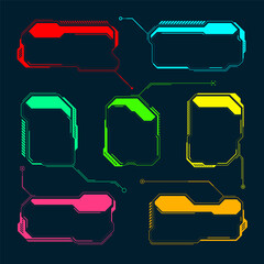 Poster - Futuristic HUD or UI elements. Sci-fi user interface text boxes, callouts. Colorful warning message frame, information boxes template. Modern game interface layout, digital style. Vector illustration