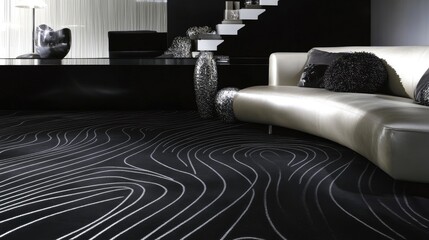 Poster - A series of diagonal lines in metallic silver, arranged to form a dynamic, modern pattern on a sleek black surface