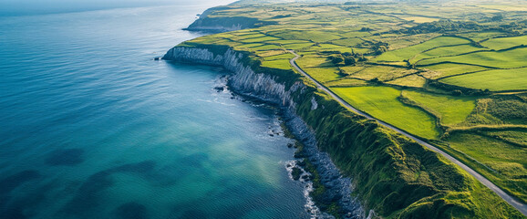 Poster - Aerial view of a lush green coastline with a winding road and cliffs beside the clear blue ocean, showcasing the natural beauty of the coast and the peacefulness of the environment.
