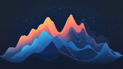 Fototapete - Layered mountain-shaped graphs in semi-transparent colors, creating depth and showcasing data trends over time
