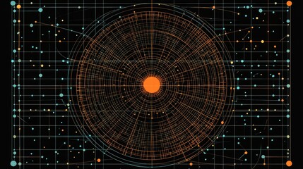 Poster - Neon-colored circles and lines in a digital grid pattern, with glowing points connected by thin lines, forming a high-tech graphic layout