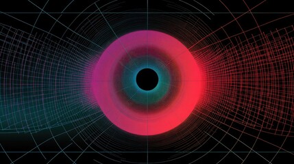 Poster - Neon-colored circles and lines in a digital grid pattern, with glowing points connected by thin lines, forming a high-tech graphic layout