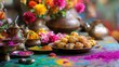 © Laluna - Table Set with Holi Sweets, Surrounded by Gulal Powders, Colorful Flowers, and Festive Decorations