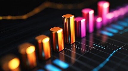 Poster - Stacked bar graphs with glossy metallic bars in various heights on a black background, symbolizing revenue and financial performance
