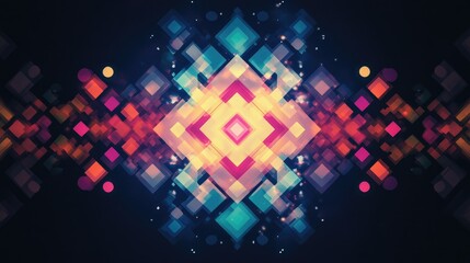 Poster - Symmetrical, multicolored grid of squares and circles on a dark background, creating a vibrant and balanced graphic design
