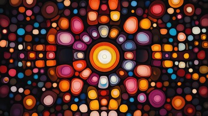 Poster - Symmetrical, multicolored grid of squares and circles on a dark background, creating a vibrant and balanced graphic design