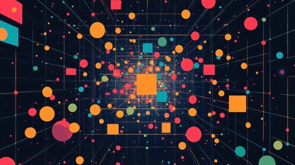 Poster - Symmetrical, multicolored grid of squares and circles on a dark background, creating a vibrant and balanced graphic design