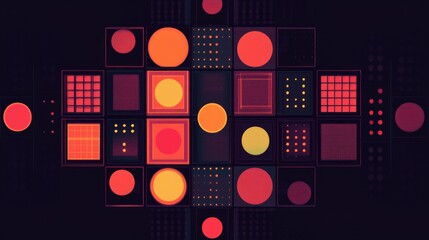 Poster - Symmetrical, multicolored grid of squares and circles on a dark background, creating a vibrant and balanced graphic design