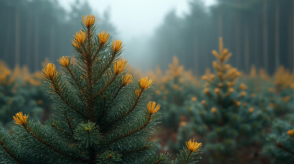 Wall Mural - Soft green pine branches in a peaceful forest evoke serenity and renewal, with modern blurred space for captions, symbolizing tranquility, growth, and harmony with nature.

