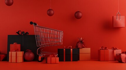 Poster - Festive christmas shopping and marketing campaign with an empty shopping cart on a red background, surrounded by gift boxes and christmas baubles