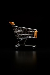 Poster - Concept of online shopping and consumerism is portrayed by an empty shopping cart standing on a dark background with reflection