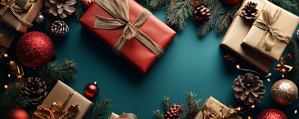 Poster - Christmas gift composition with wrapped boxes, ribbon, baubles, and fir tree branches on a teal backdrop