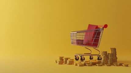 Poster - The concept of a successful business and wealth: a shopping cart full of money on top of a pile of gold coins