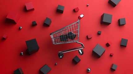 Poster - Black friday concept with shopping cart and black boxes on a red background