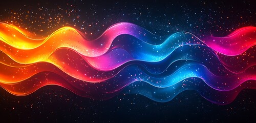 Wall Mural - a bold and vibrant neon wave design, with glowing lights rippling against a dark backdrop.