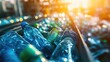 © Thanos - Close-up view of various blue and green plastic water bottles on a conveyor belt in a recycling facility.