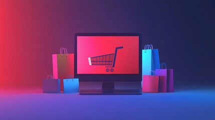Aufkleber - Laptop with shopping bags and shopping cart symbol on screen against vibrant backdrop