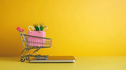 Aufkleber - Online shopping concept: miniature shopping cart and bag resting on tablet against yellow background