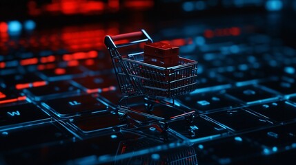 Poster - Miniature shopping cart filled with cardboard boxes resting on laptop keyboard glowing with red and blue light, symbolizing online shopping and e-commerce