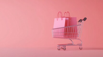 Poster - Pink shopping cart filled with bags stands against a pink backdrop