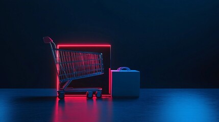 Poster - Shopping cart is standing next to a blank box with neon lights glowing in the background