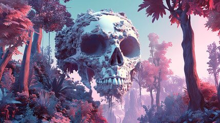 Wall Mural - Surreal skull art digital illustration abstract environment colorful composition artistic perspective. Perspective Depth Techniques. Illustration