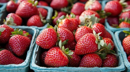 Poster - Bright red ripe strawberries are piled in blue cardboard containers, ready for sale