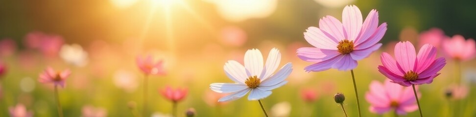 Poster - Pink and white cosmos flowers, gentle breeze, sunlit field, romantic, background