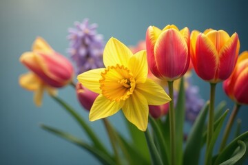 Poster - Delicate tulips, daffodils, and hyacinths in vibrant spring colors , tulips, hyacinths