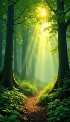 Wall Mural - Golden sunlight shafts pierce emerald canopy, dappled forest floor , magical, ecology